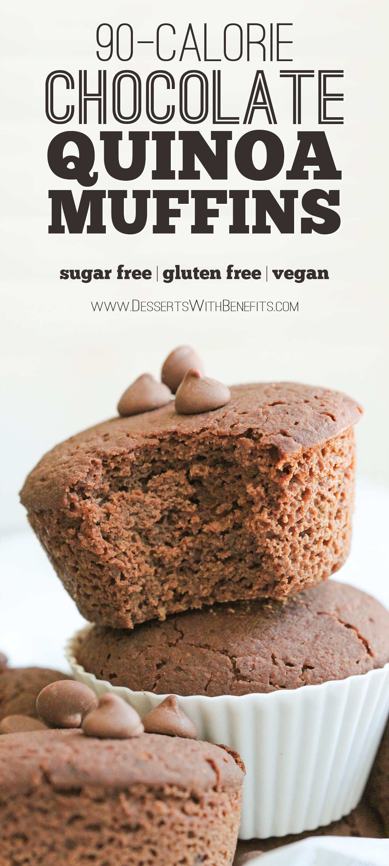 These Healthy Bittersweet Chocolate Quinoa Muffins are super light and fluffy, like cupcakes, but hearty and filling, like muffins. They're the perfect thing for breakfast in the morning along with a cup of coffee. It's hard to believe these are low calorie, low fat, sugar free, gluten free, AND vegan! -- Healthy Dessert Recipes with sugar free, low calorie, low fat, high protein, gluten free, dairy free and vegan options at the Desserts With Benefits Blog (www.DessertsWithBenefits.com)