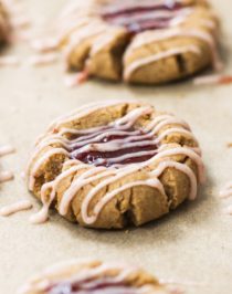 These Healthy Raspberry Thumbprint Cookies are so soft, chewy, and delicious (not to mention, easy to make!), you'd never know they're refined sugar free, gluten free, dairy free, and vegan too! Healthy Dessert Recipes with sugar free, low fat, gluten free, and vegan options at the Desserts With Benefits Blog (www.DessertsWithBenefits.com)